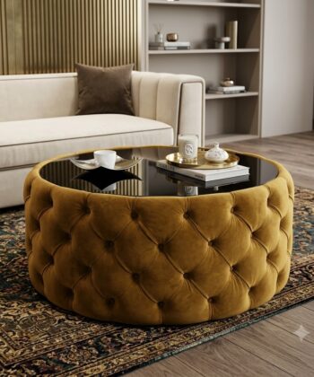 Round Velvet Coffee Table Button-Tufted Chesterfield / Glass 80cm