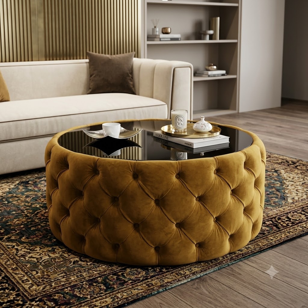 Round Velvet Coffee Table Button-Tufted Chesterfield / Glass 80cm