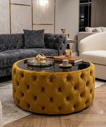 Round Velvet Coffee Table Button-Tufted Chesterfield / Glass 80cm