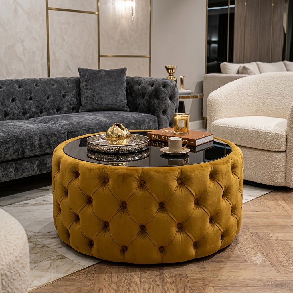 Round Velvet Coffee Table Button-Tufted Chesterfield / Glass 80cm