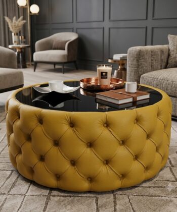 Round Velvet Coffee Table Button-Tufted Chesterfield / Glass 80cm