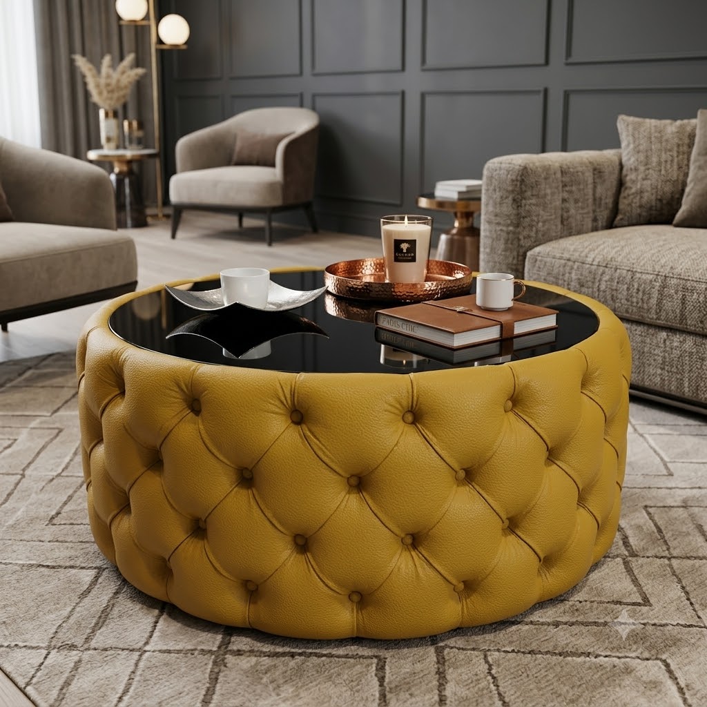 Round Velvet Coffee Table Button-Tufted Chesterfield / Glass 80cm