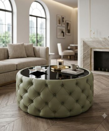 Round Velvet Coffee Table Button-Tufted Chesterfield / Glass 80cm