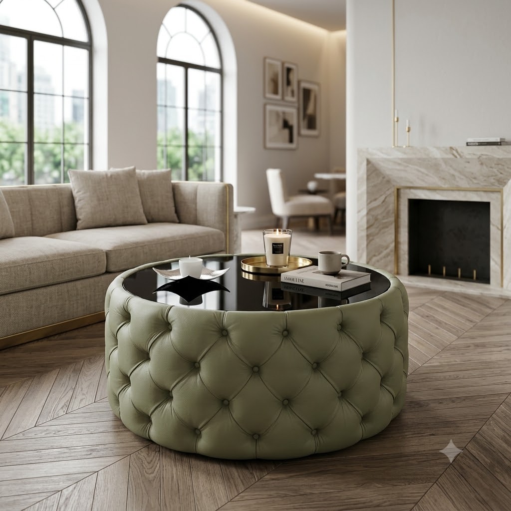 Round Velvet Coffee Table Button-Tufted Chesterfield / Glass 80cm