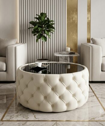 Round Velvet Coffee Table Button-Tufted Chesterfield / Glass 80cm