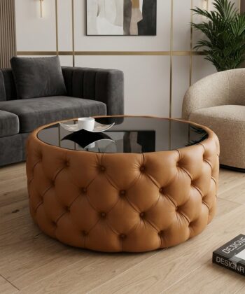 Round Velvet Coffee Table Button-Tufted Chesterfield / Glass 80cm