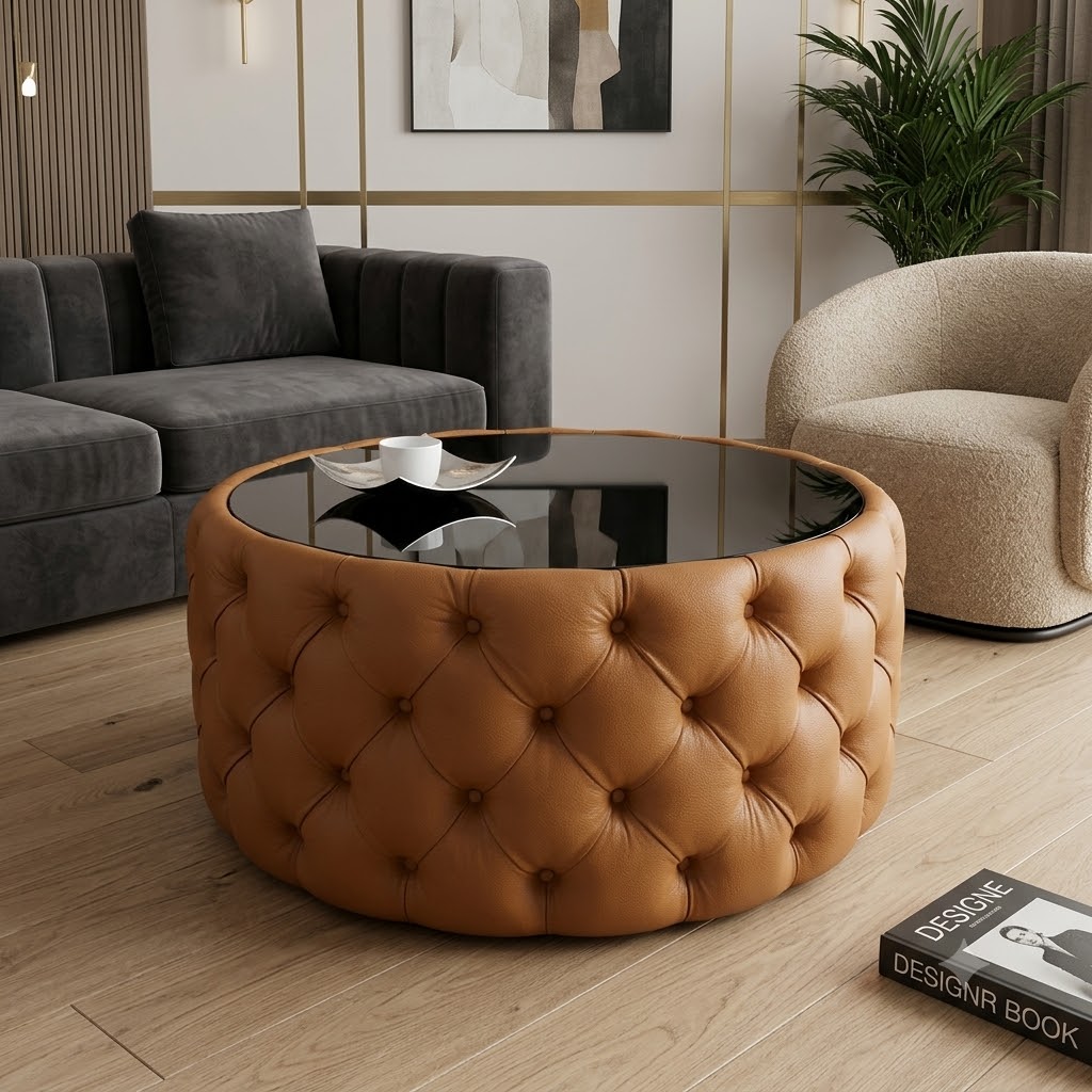 Round Velvet Coffee Table Button-Tufted Chesterfield / Glass 80cm