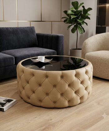 Round Velvet Coffee Table Button-Tufted Chesterfield / Glass 80cm
