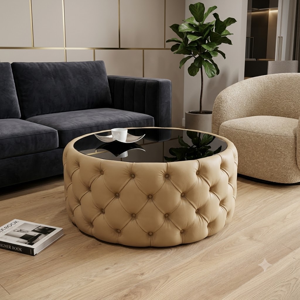 Round Velvet Coffee Table Button-Tufted Chesterfield / Glass 80cm