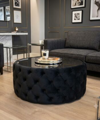 Round Velvet Coffee Table Button-Tufted Chesterfield / Glass 80cm