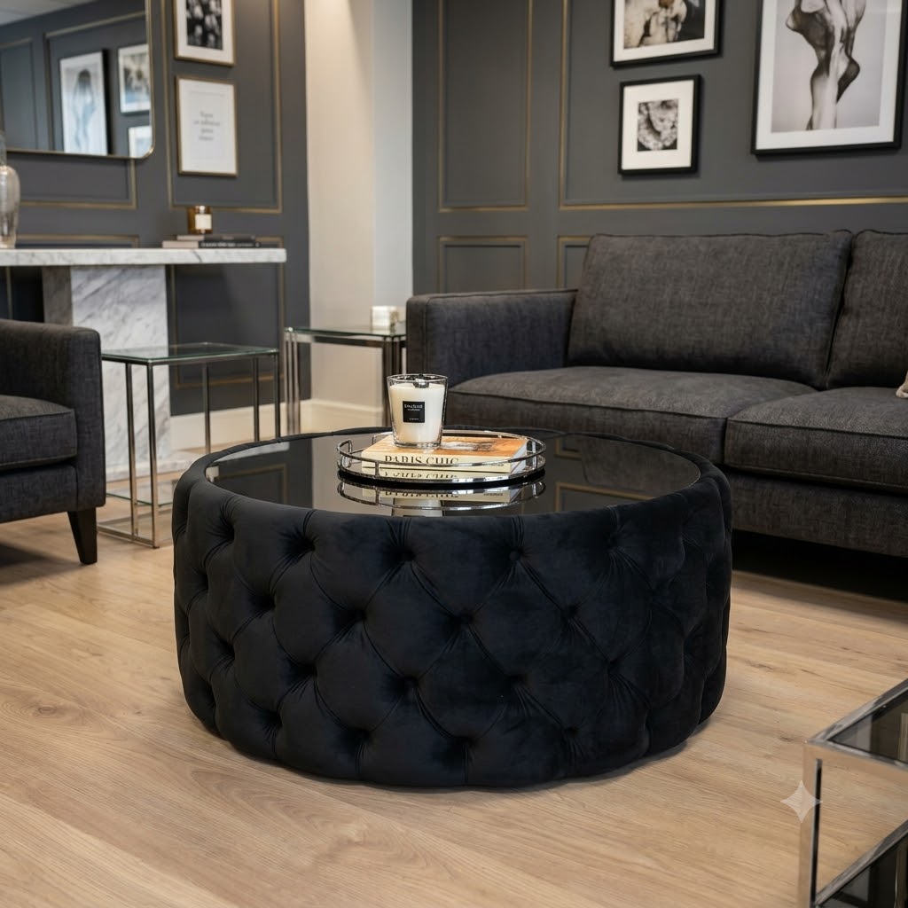 Round Velvet Coffee Table Button-Tufted Chesterfield / Glass 80cm