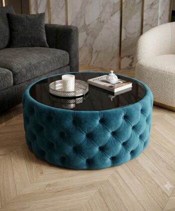 Round Velvet Coffee Table Button-Tufted Chesterfield / Glass 80cm