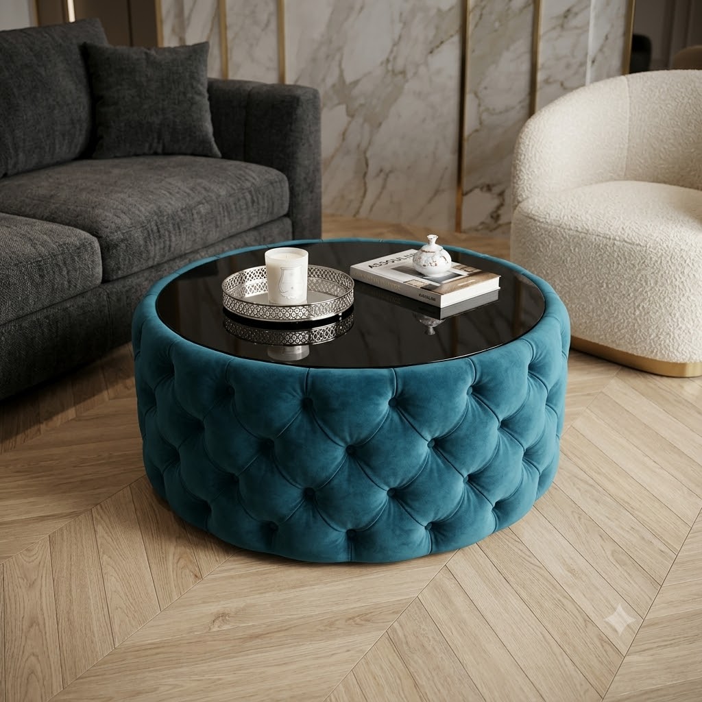 Round Velvet Coffee Table Button-Tufted Chesterfield / Glass 80cm