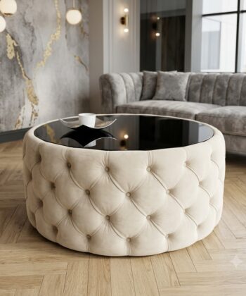 Round Velvet Coffee Table Button-Tufted Chesterfield / Glass 80cm