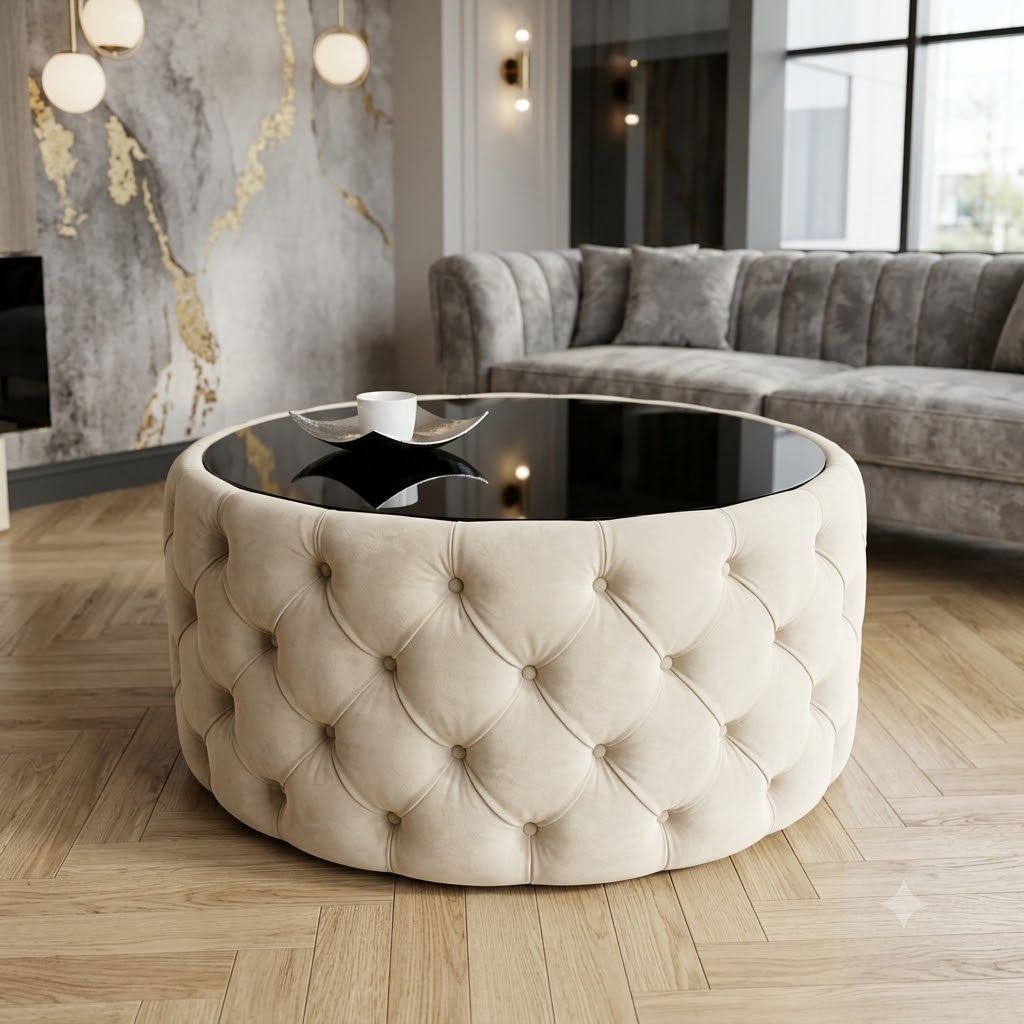 Round Velvet Coffee Table Button-Tufted Chesterfield / Glass 80cm