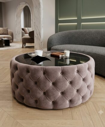 Round Velvet Coffee Table Button-Tufted Chesterfield / Glass 80cm
