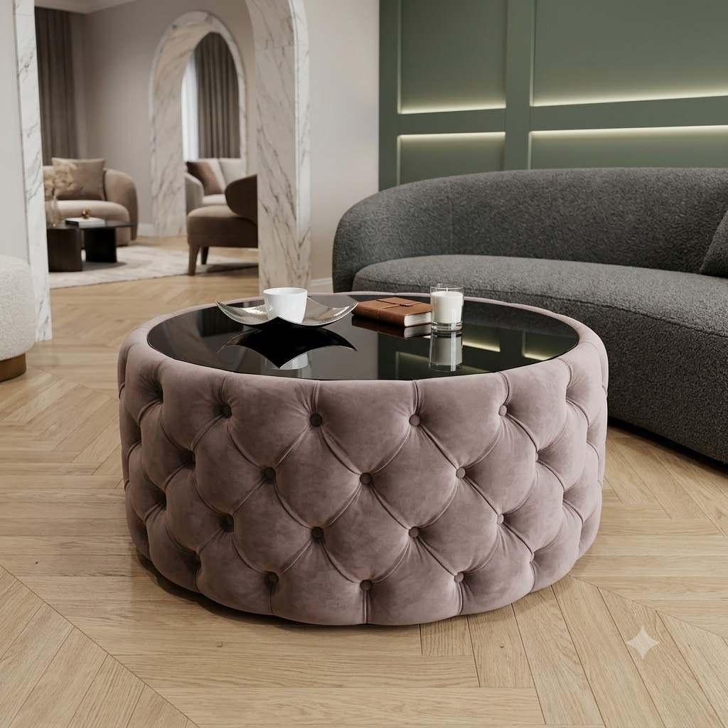 Round Velvet Coffee Table Button-Tufted Chesterfield / Glass 80cm