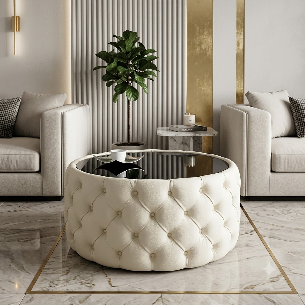 Round Velvet Coffee Table Button-Tufted Chesterfield / Glass 80cm