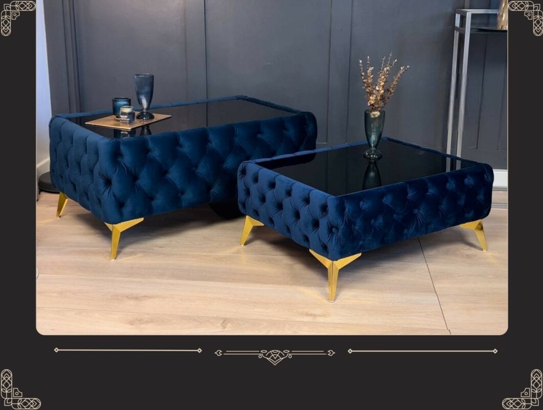 Elegant blue tufted coffee tables with gold legs and glass tops, showcasing a modern design suitable for stylish interiors, reflecting PouffeLOVE's handcrafted furniture offerings.