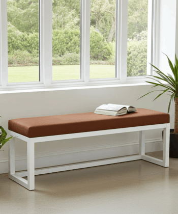 Cognac Eco Leather Bench 140x40cm – White Wooden Frame