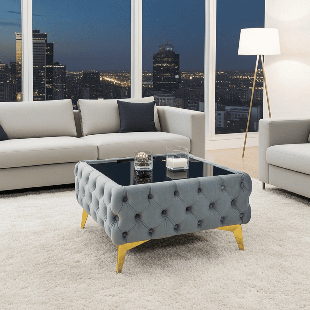 Chester Lux Azure Coffee Table 63x63x35cm Square Velvet with Glass