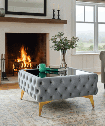 Chester Lux Azure Coffee Table 63x63x35cm Square Velvet with Glass