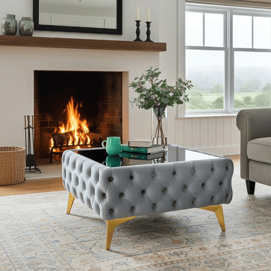 Chester Lux Azure Coffee Table 63x63x35cm Square Velvet with Glass