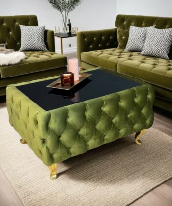Chester Lux Coffee Table Velvet Olive Rectangle 83x63x45cm with Glass