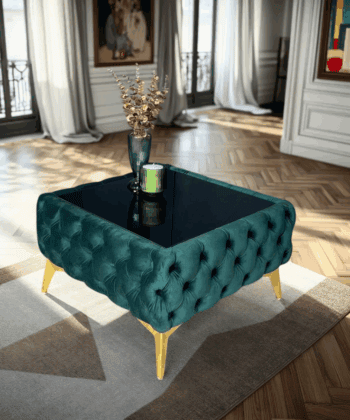 Chester Lux Dark Green Coffee Table 63x63x35cm Square Velvet with Glass