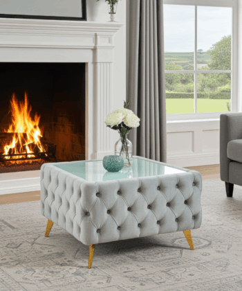 Chester Lux Coffee Table Velvet 63x63x45cm Square Grey with Glass