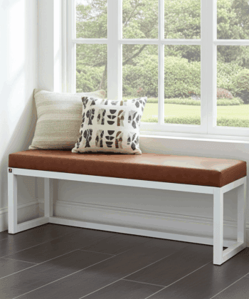 Cognac Eco Leather Bench 140x40cm – White Wooden Frame
