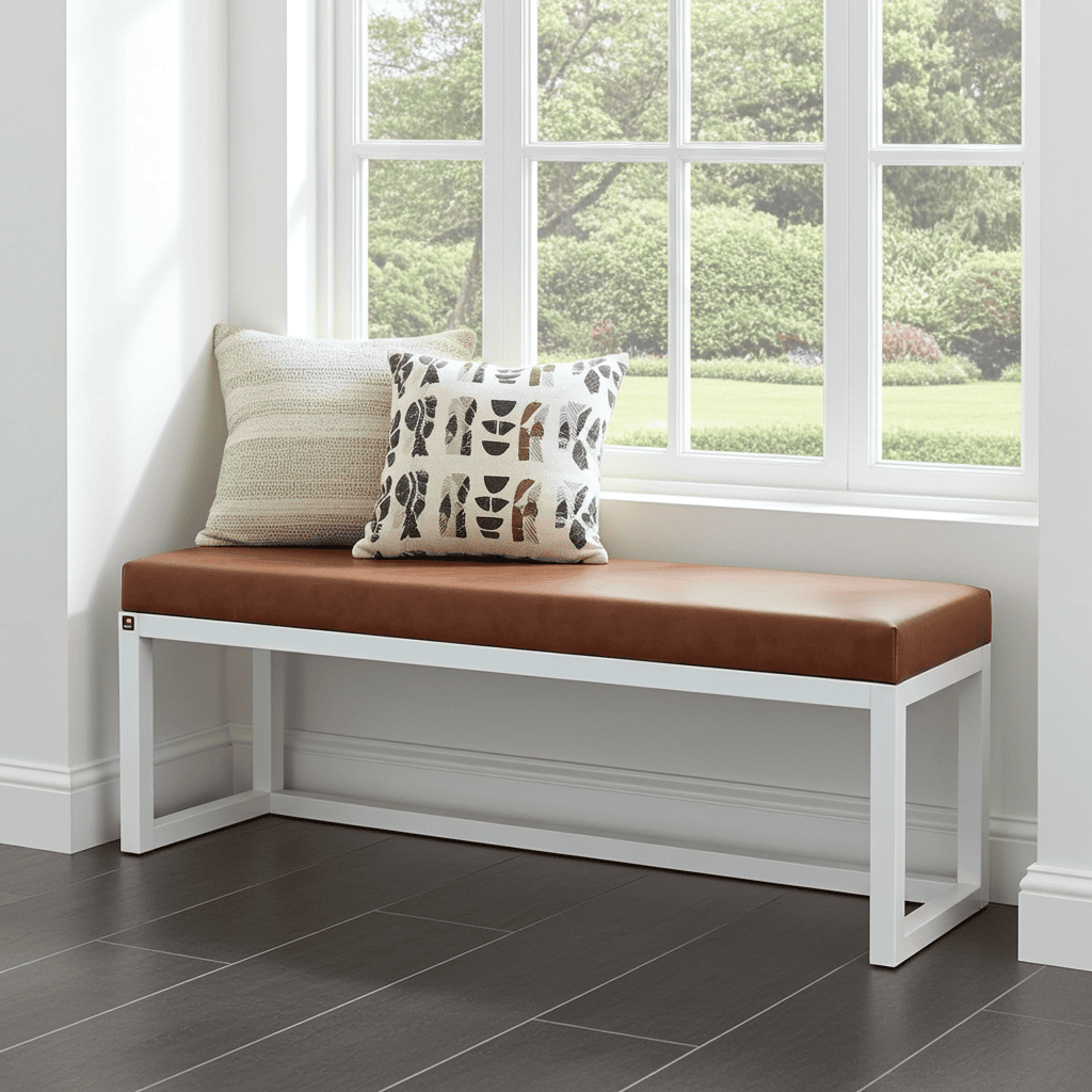 Cognac Eco Leather Bench 140x40cm – White Wooden Frame