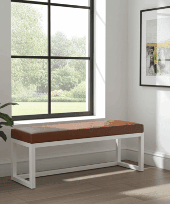 Cognac Eco Leather Bench 140x40cm – White Wooden Frame