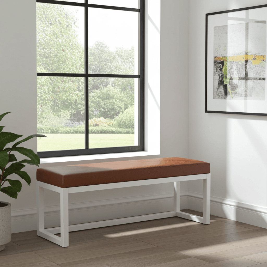Cognac Eco Leather Bench 140x40cm – White Wooden Frame