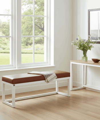 Cognac Eco Leather Bench 140x40cm – White Wooden Frame