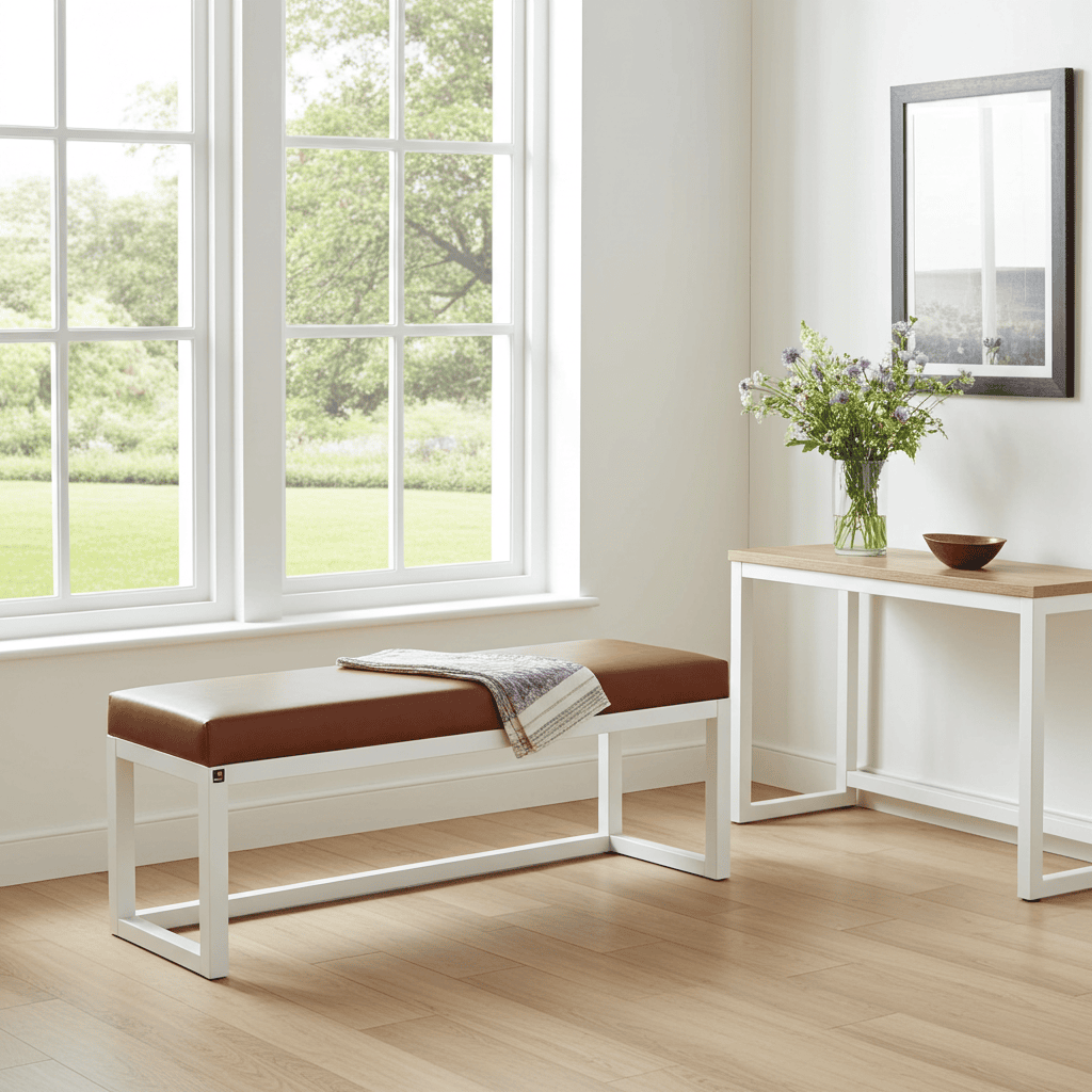 Cognac Eco Leather Bench 140x40cm – White Wooden Frame