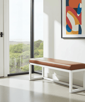 Cognac Eco Leather Bench 140x40cm – White Wooden Frame
