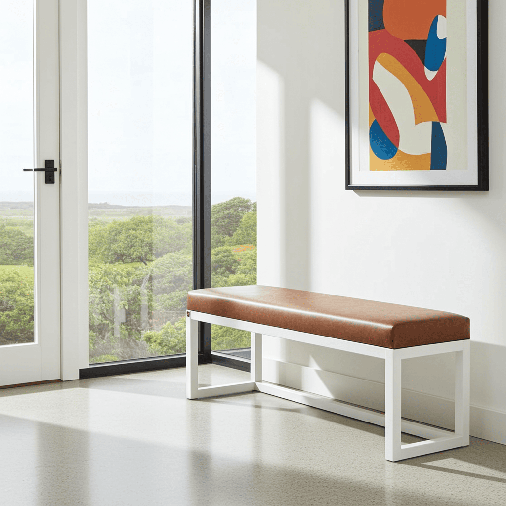 Cognac Eco Leather Bench 140x40cm – White Wooden Frame