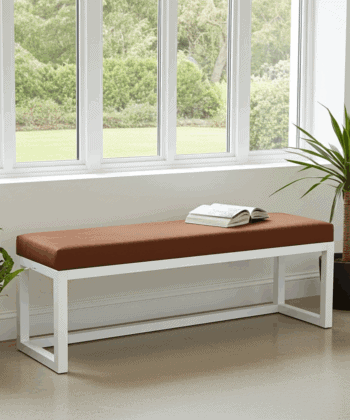 Cognac Eco Leather Bench 140x40cm – White Wooden Frame