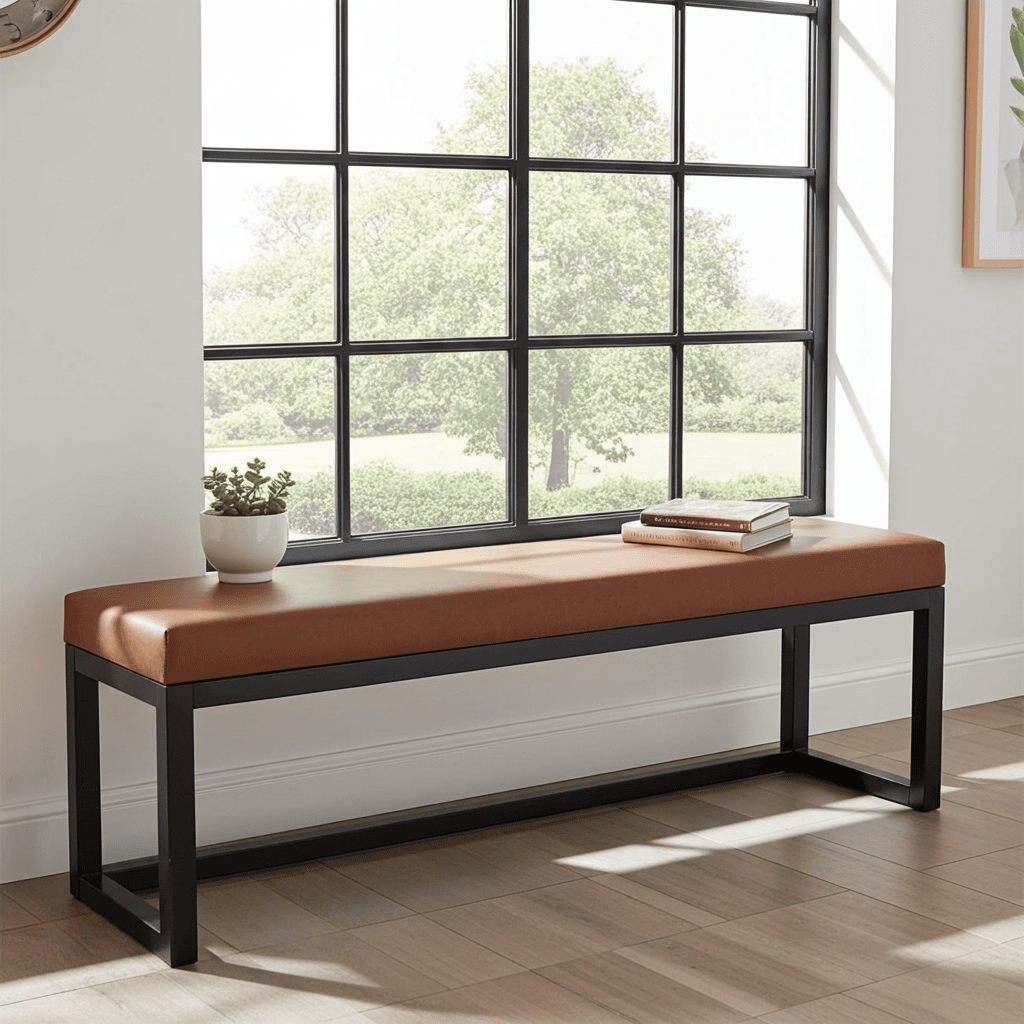 Cognac Eco Leather Wooden-Framed Bench 140x40cm