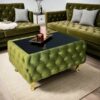 Chester Lux Coffee Table Velvet Olive Rectangle 83x63x45cm with Glass