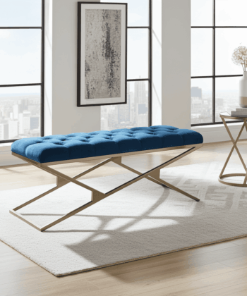 Blue Velvet Gold Metal Frame Bench – 120x40x50cm