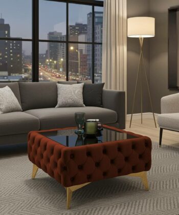 Chester Lux Copper Coffee Table 63x63x35cm Square Velvet with Glass