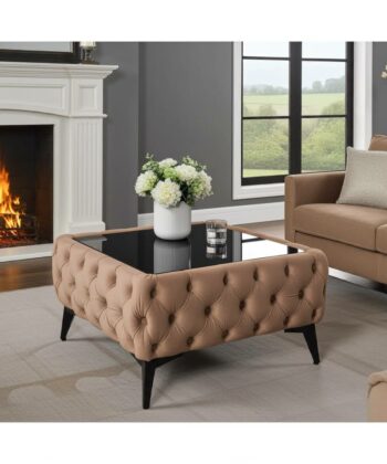 Chester Lux Dark Beige Coffee Table 63x63x35cm Square Velvet with Glass