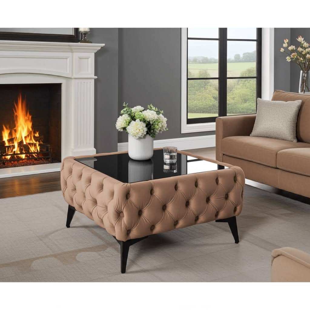 Chester Lux Dark Beige Coffee Table 63x63x35cm Square Velvet with Glass