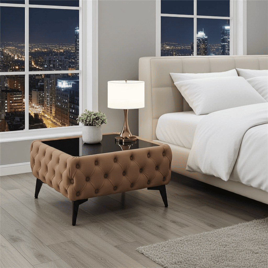 Chester Lux Dark Beige Coffee Table 63x63x35cm Square Velvet with Glass
