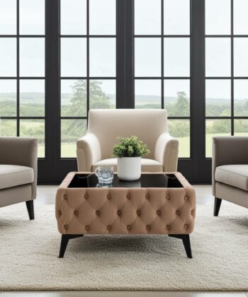 Chester Lux Dark Beige Coffee Table 63x63x35cm Square Velvet with Glass