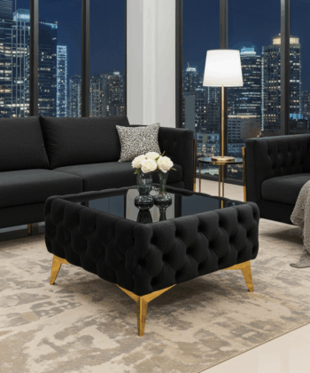 Chester Lux Graphite Coffee Table 63x63x35cm Square Velvet with Glass
