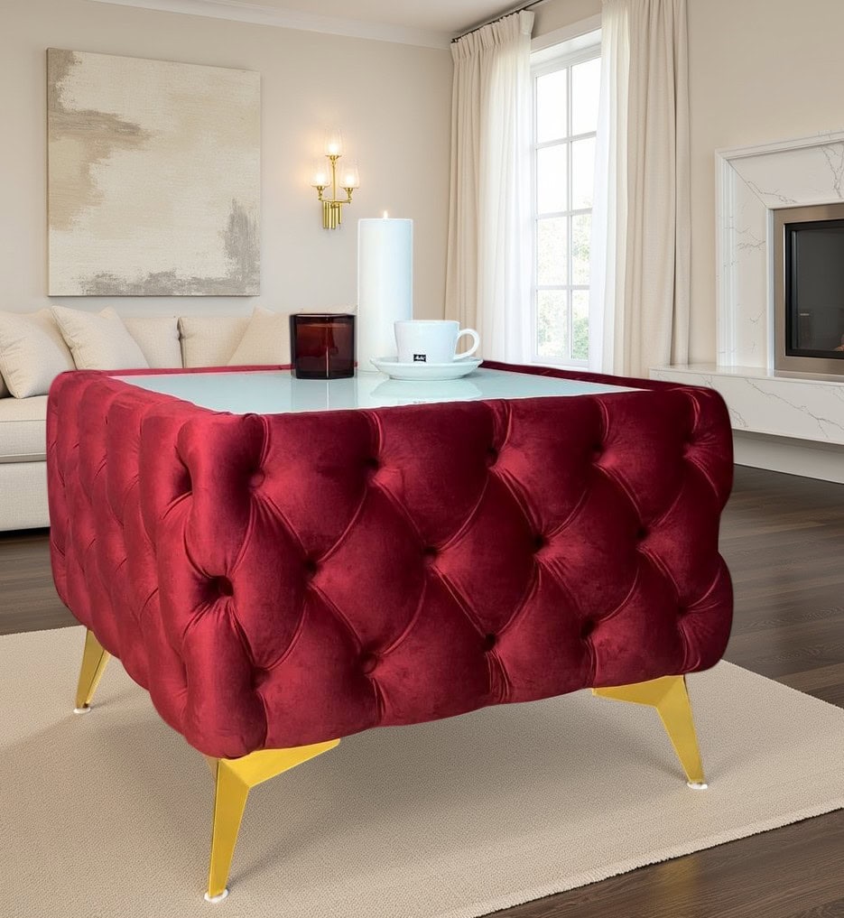 Chester Lux Square Red Coffee Table 63x63x45cm Velvet with Glass