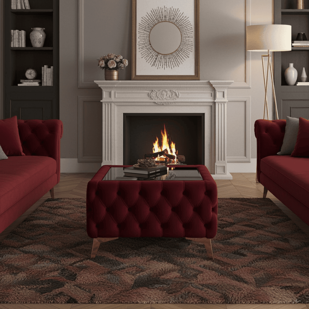 Chester Lux Square Ruby Red Coffee Table 63x63x45cm Velvet with Glass